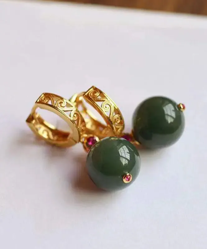 Fine Dark Green Sterling Silver Overgild Jade Drop Earrings LY8612