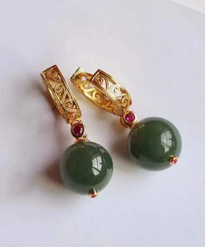 Fine Dark Green Sterling Silver Overgild Jade Drop Earrings LY8612