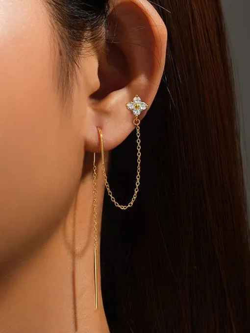 Flower Ear Thread Double Earrings 925 Sterling SIlver 18K Gold Plated Double Earrings KESLEY