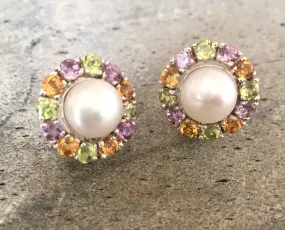 Flower Pearl Earrings - White Flower Earrings - Colorful Vintage Earrings