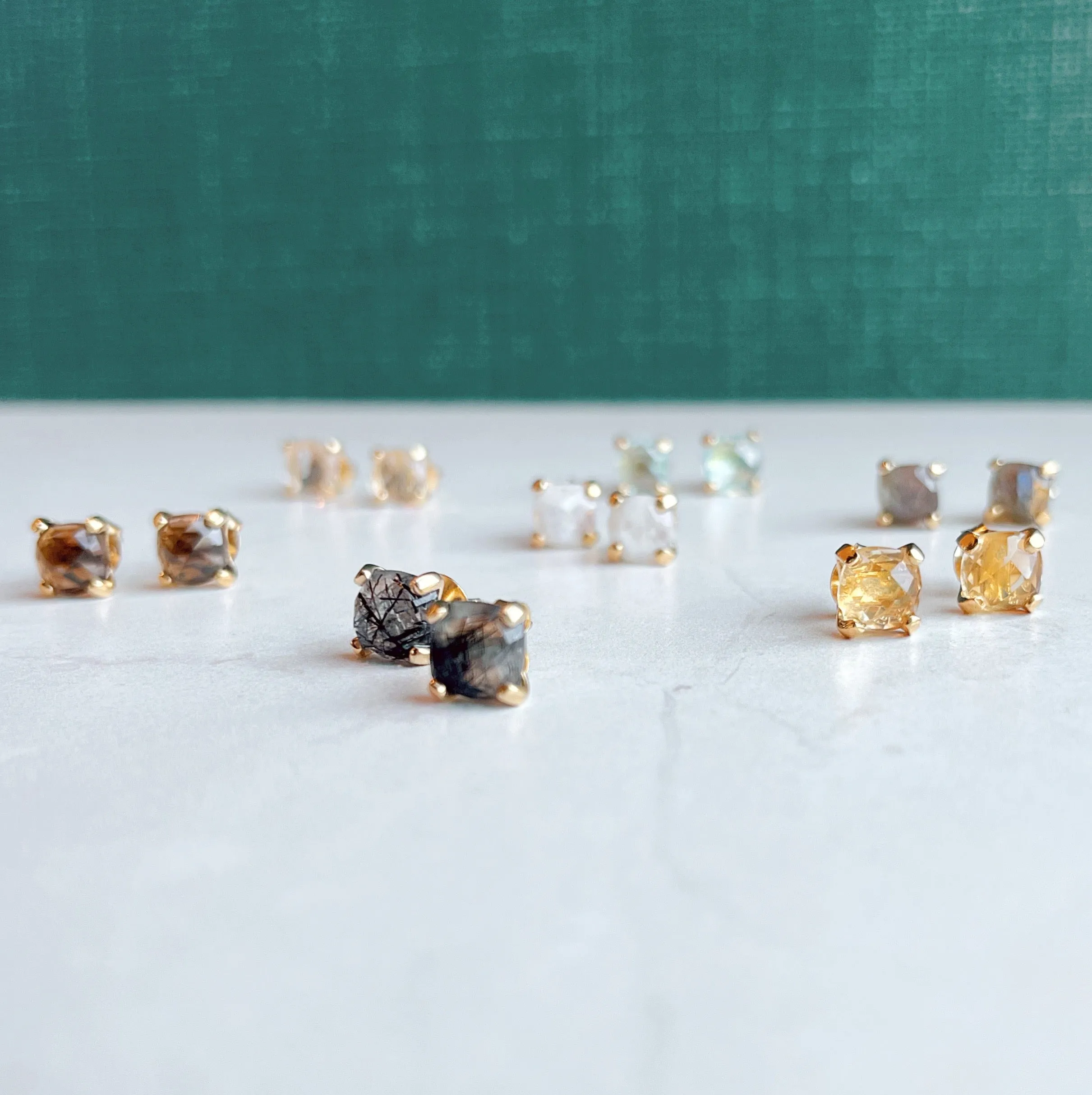 Gemstone Cushion Stud Earrings: Rutilated quartz