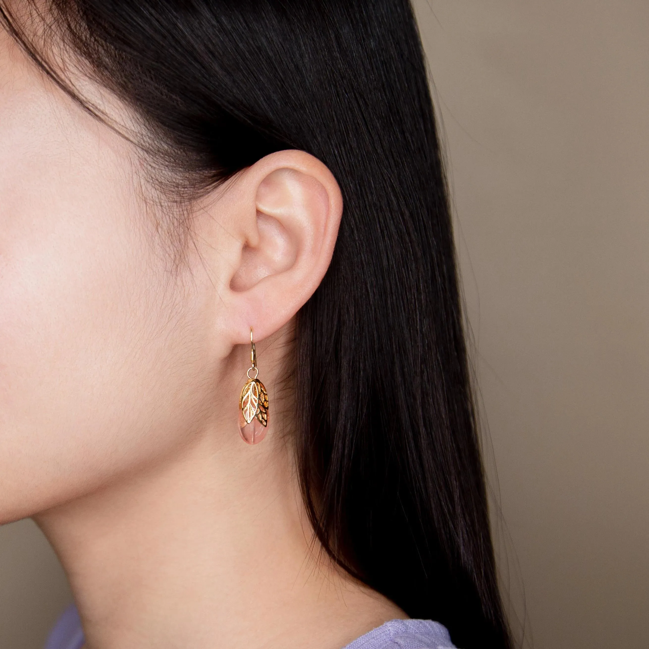 Gold Leaf Rose Quartz Earrings