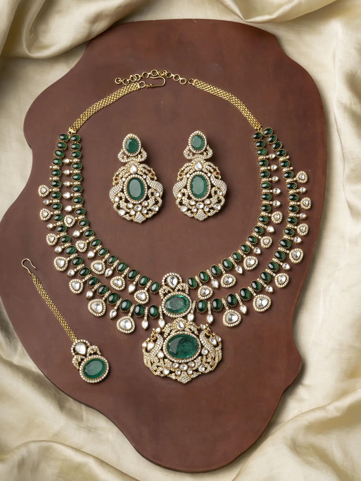 Green Color Gold Plated Moissanite Bridal Necklace Set - MO-S69GR