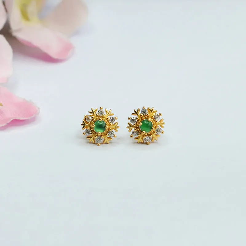 Ice Green Jade and Zircon Snowflake Stud Earrings with S925 Silver