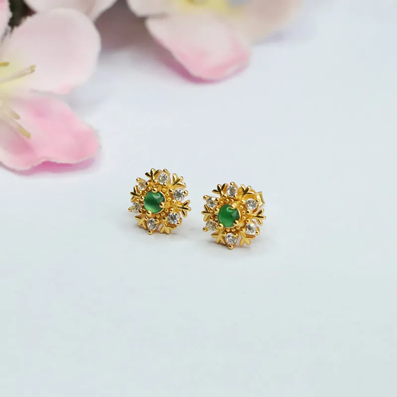 Ice Green Jade and Zircon Snowflake Stud Earrings with S925 Silver