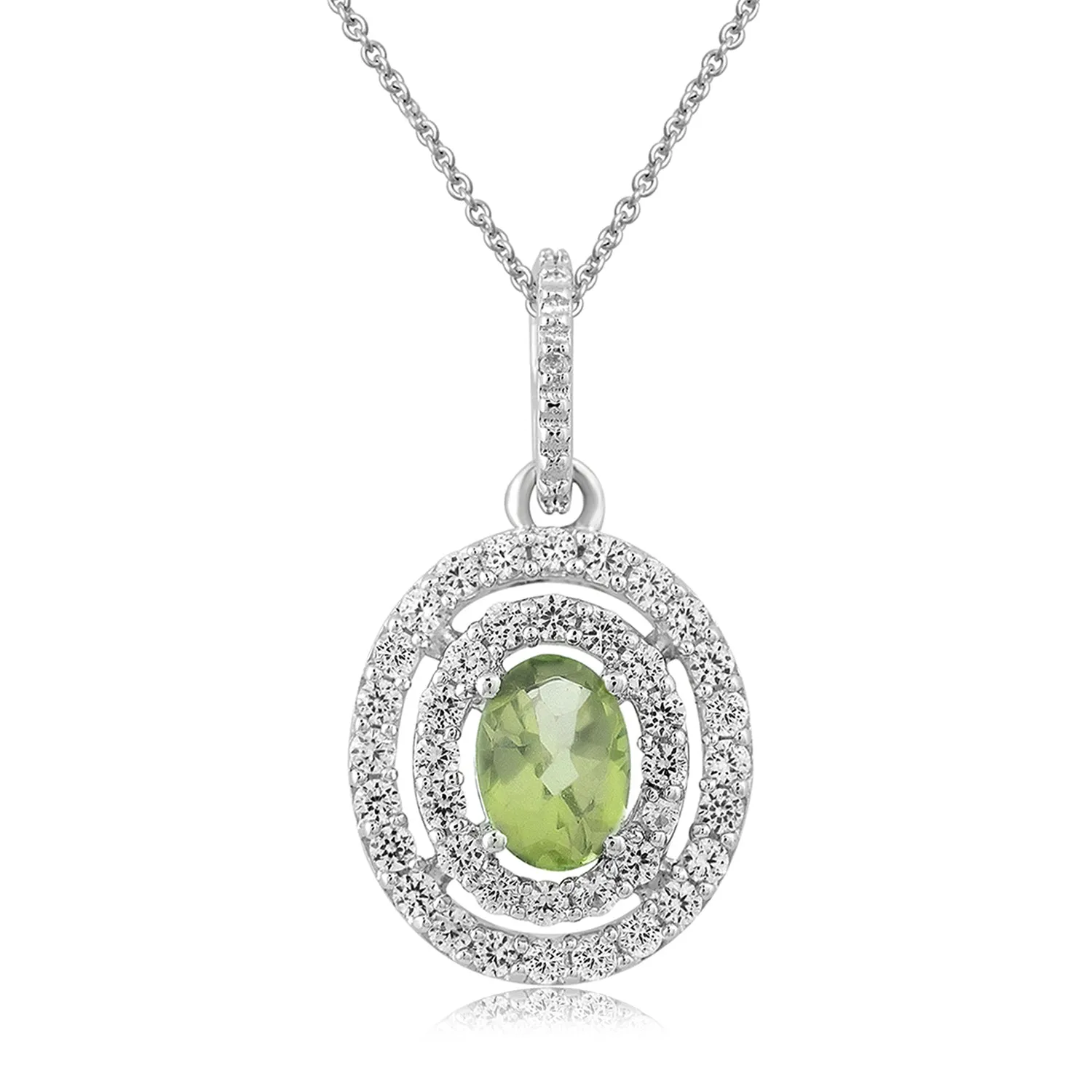 Jewelili Sterling Silver with 7x5 MM and 5X3 MM Oval Shape Peridot, Round Created White Sapphire and Natural White Round Diamonds Ring, Pendant and Earrings Set