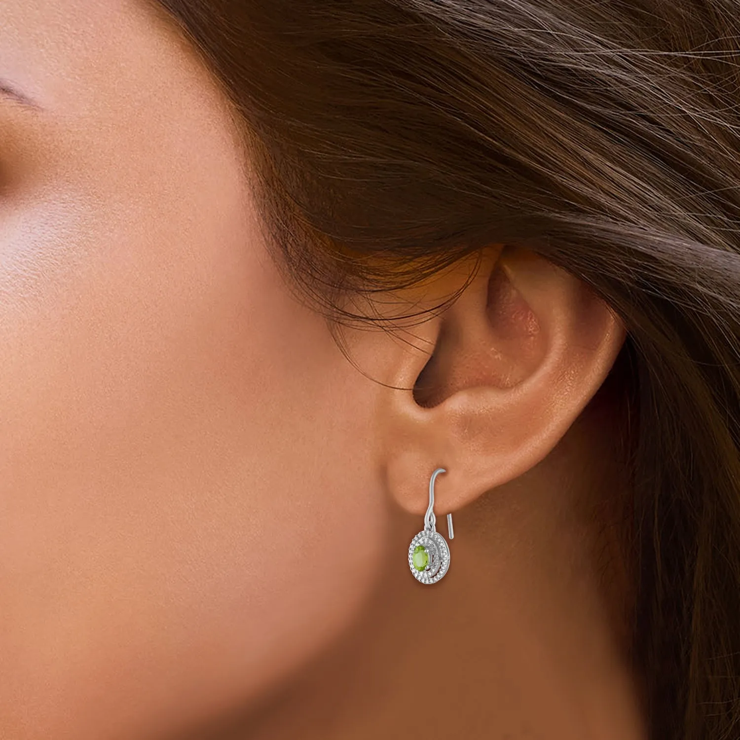 Jewelili Sterling Silver with 7x5 MM and 5X3 MM Oval Shape Peridot, Round Created White Sapphire and Natural White Round Diamonds Ring, Pendant and Earrings Set