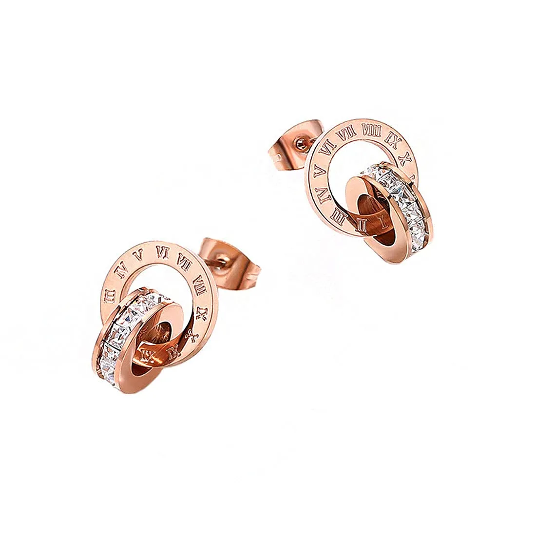 Kairangi Earrings for Women Western Rose Gold Plated Stainless Steel Roman Numericals Engraved Crystal Statement Drop Earrings for Women and Girls.