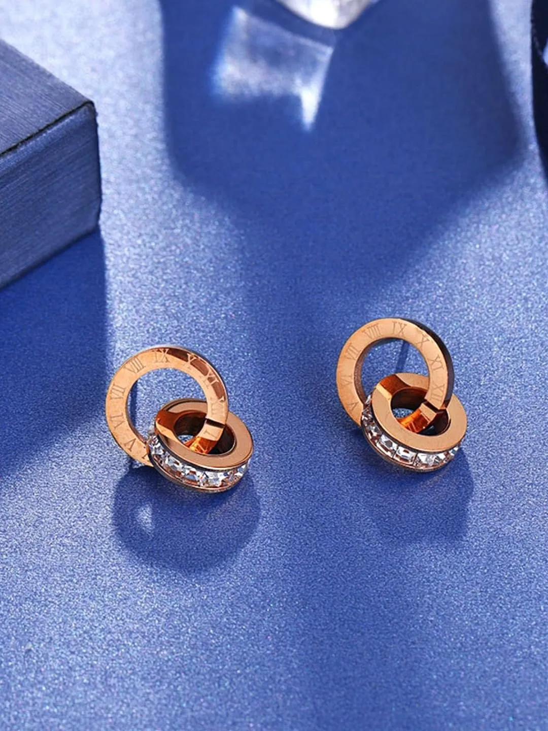 Kairangi Earrings for Women Western Rose Gold Plated Stainless Steel Roman Numericals Engraved Crystal Statement Drop Earrings for Women and Girls.
