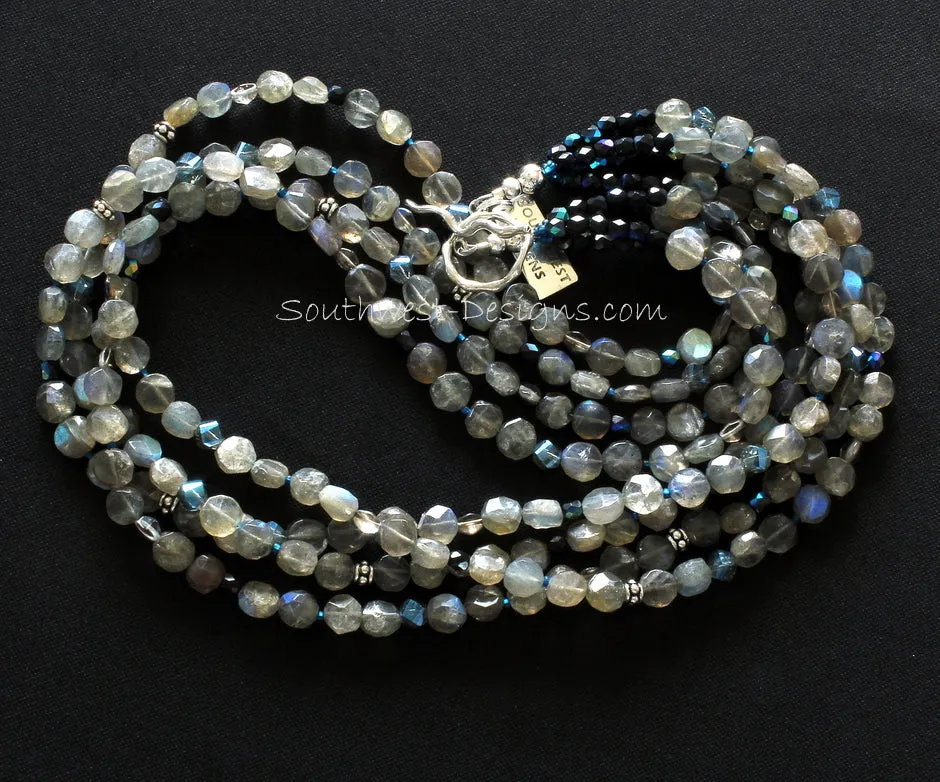 Labradorite Coin Bead 4-Strand Necklace with Blue & Gray Czechoslovakian Glass, Blue-Black Iridescent Glass, and Sterling Silver
