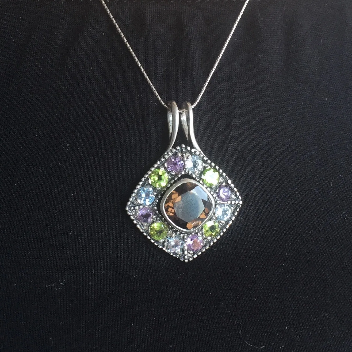 Large Topaz Pendant - Vintage Statement Necklace - Multistone Square Necklace