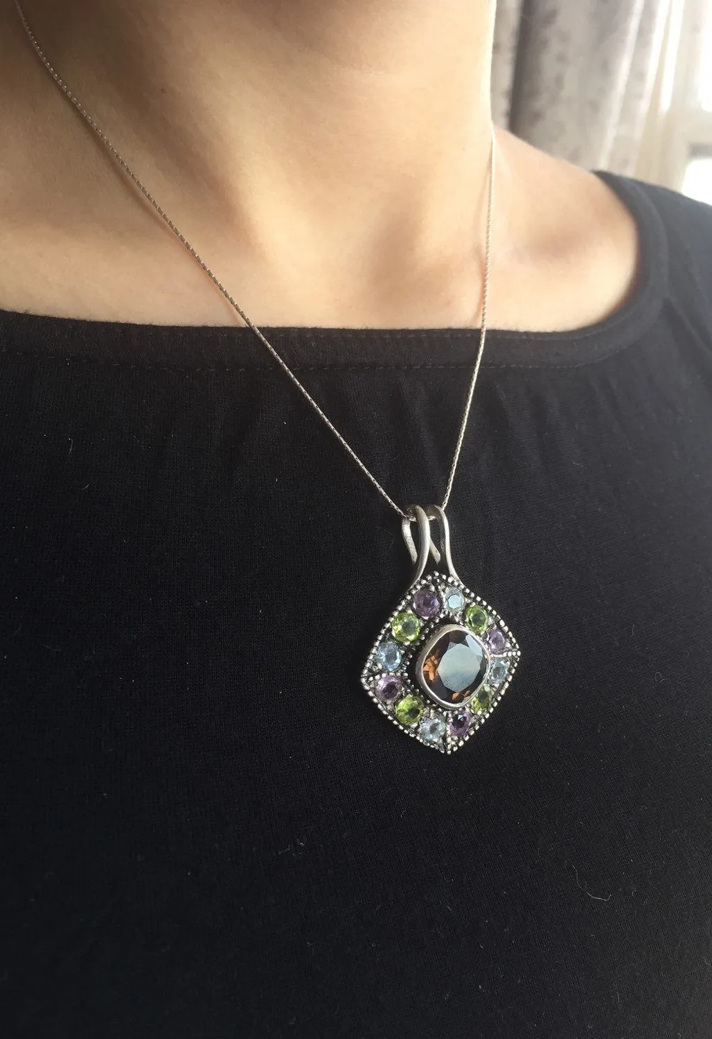 Large Topaz Pendant - Vintage Statement Necklace - Multistone Square Necklace