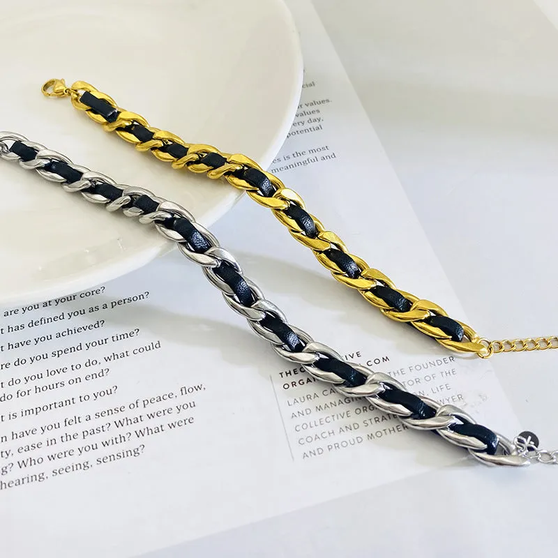 Leather Cord Interspersed Stainless Steel Fashion Exaggerated Bracelet