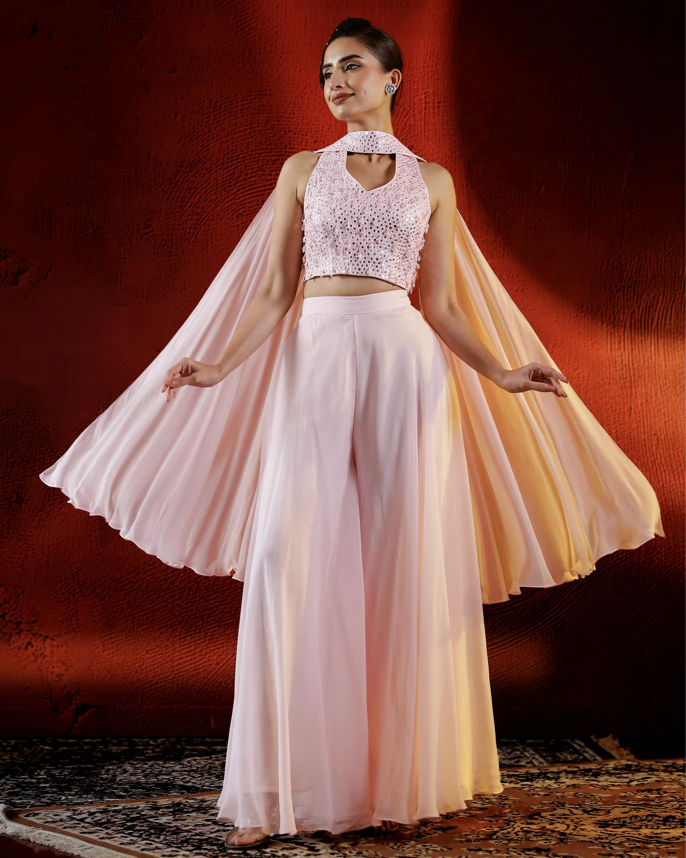 Light Pink Mirror Embellished Palazzo Set