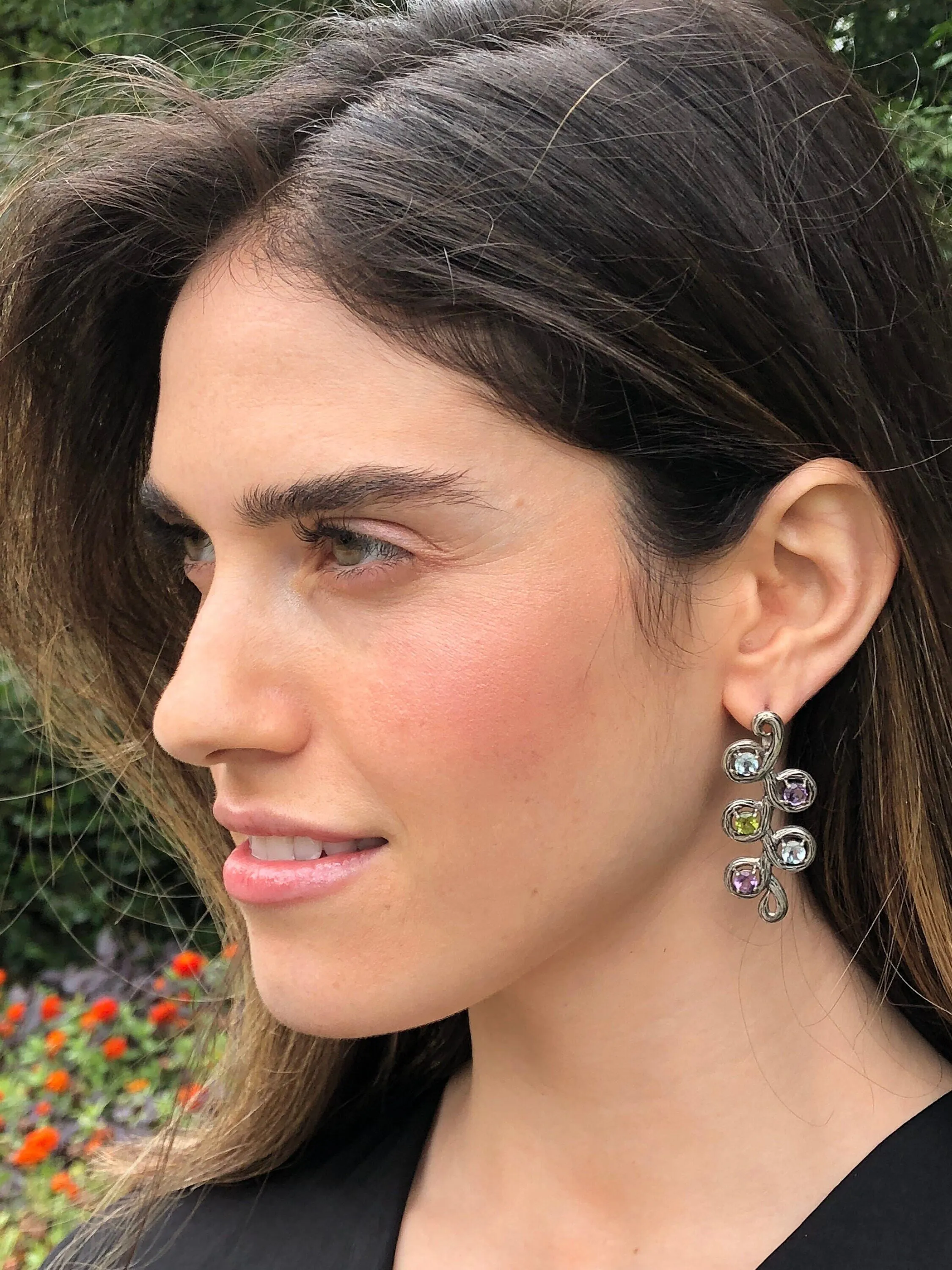 Long Leaf Earrings - Colorful Multistone Earrings - Vintage Drop Earrings