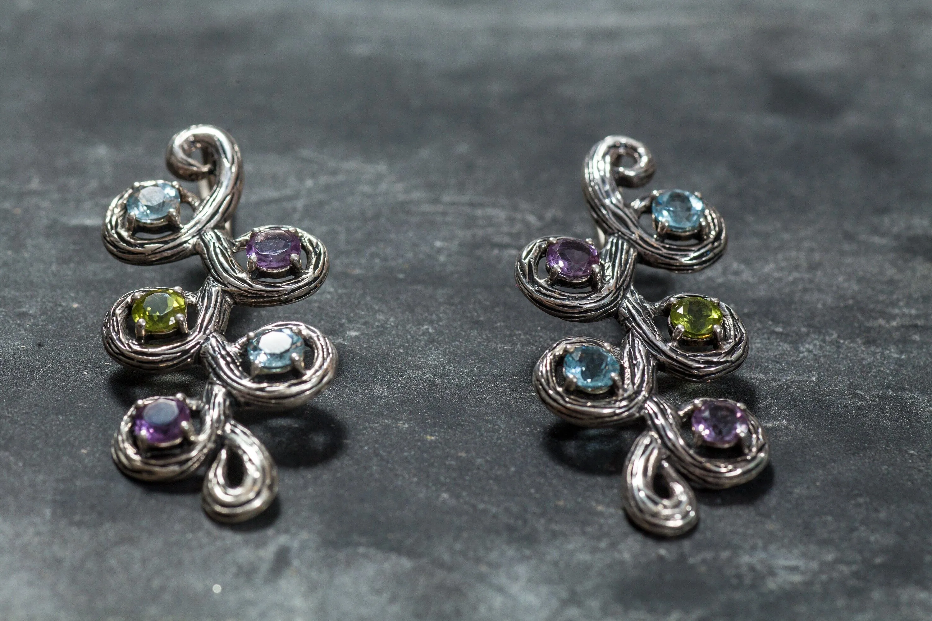Long Leaf Earrings - Colorful Multistone Earrings - Vintage Drop Earrings