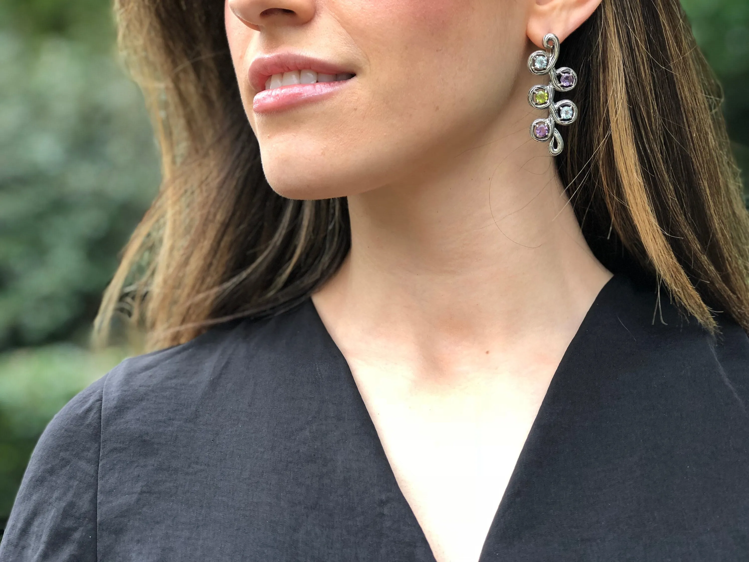 Long Leaf Earrings - Colorful Multistone Earrings - Vintage Drop Earrings