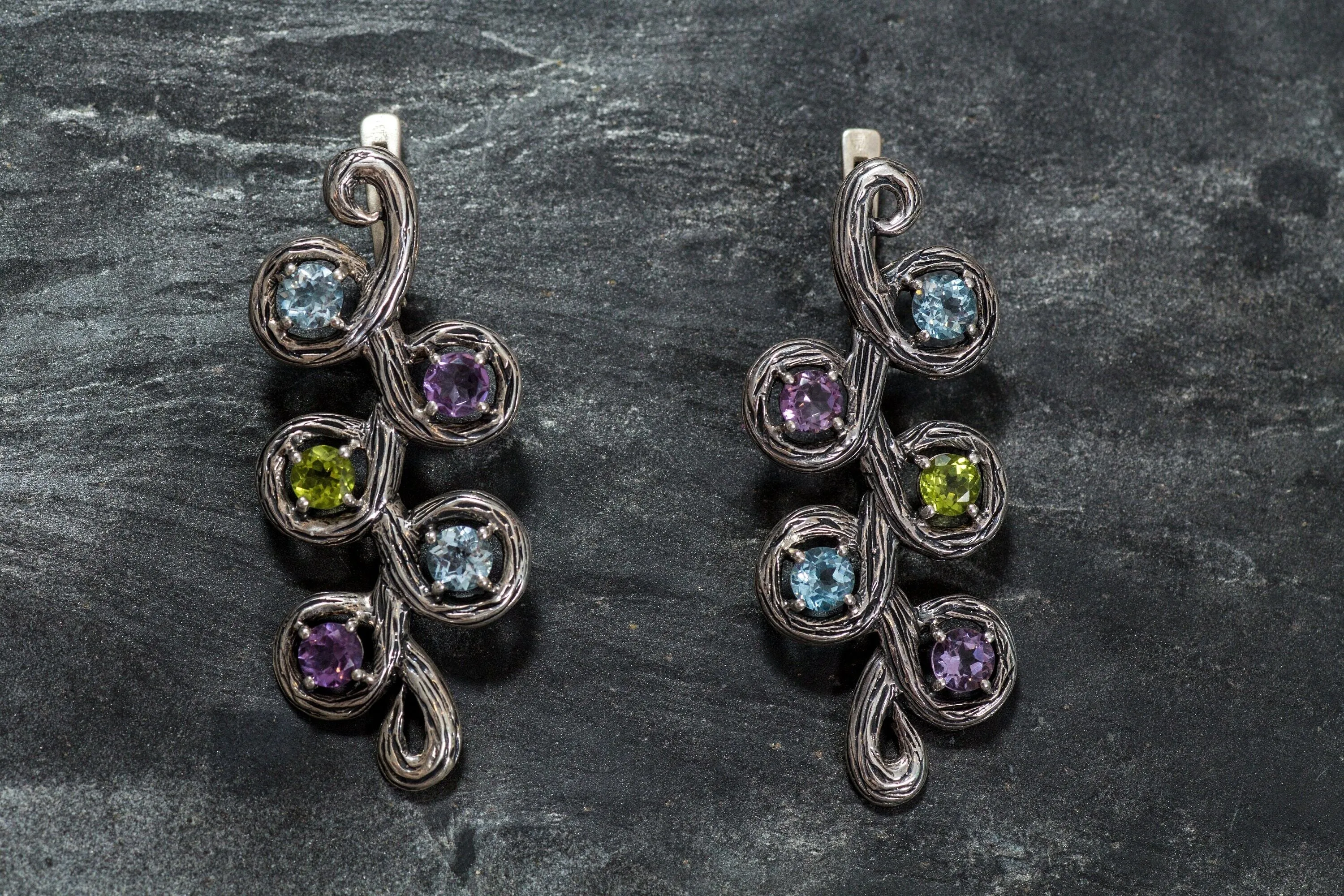 Long Leaf Earrings - Colorful Multistone Earrings - Vintage Drop Earrings