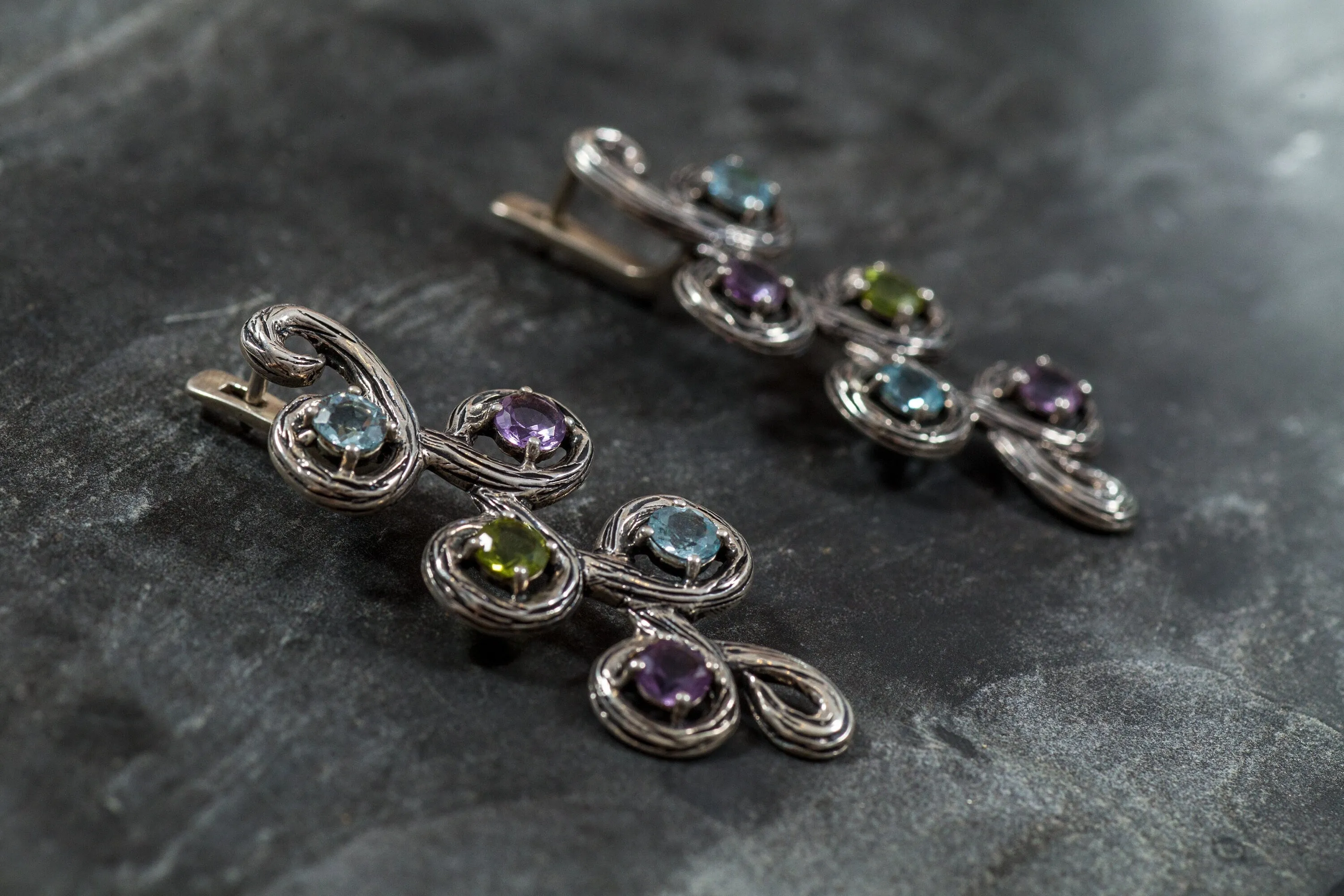 Long Leaf Earrings - Colorful Multistone Earrings - Vintage Drop Earrings