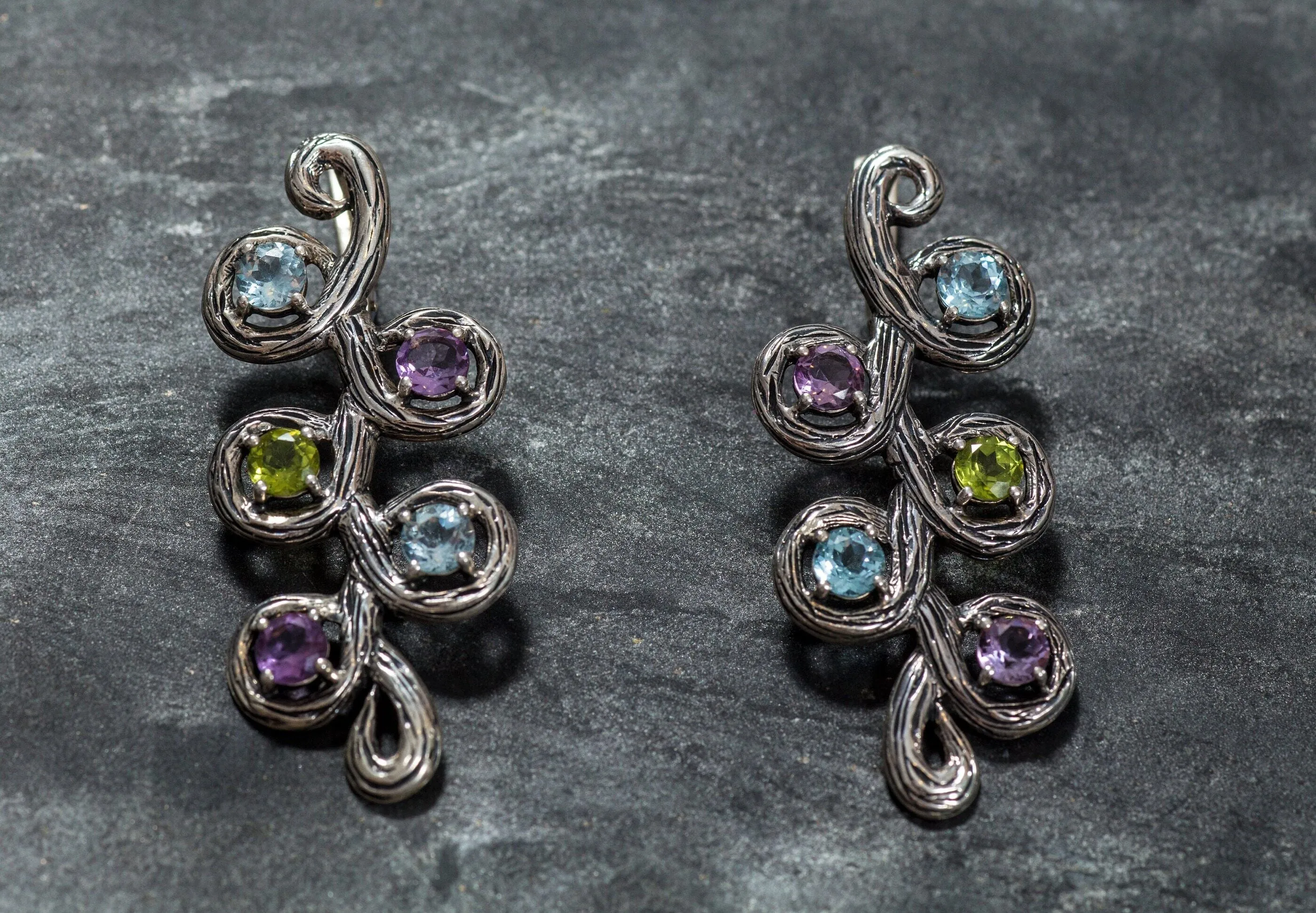 Long Leaf Earrings - Colorful Multistone Earrings - Vintage Drop Earrings