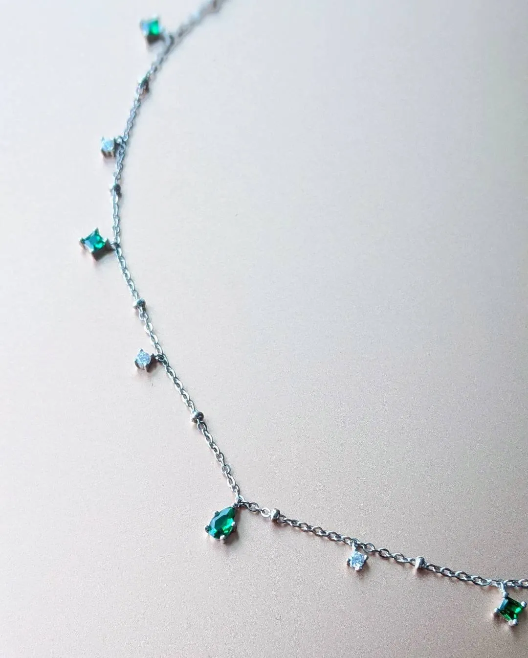 Mera S925 Silver Emerald Pendant Necklace, Dainty Dangle Green Charms✨ | Vintage Inspired