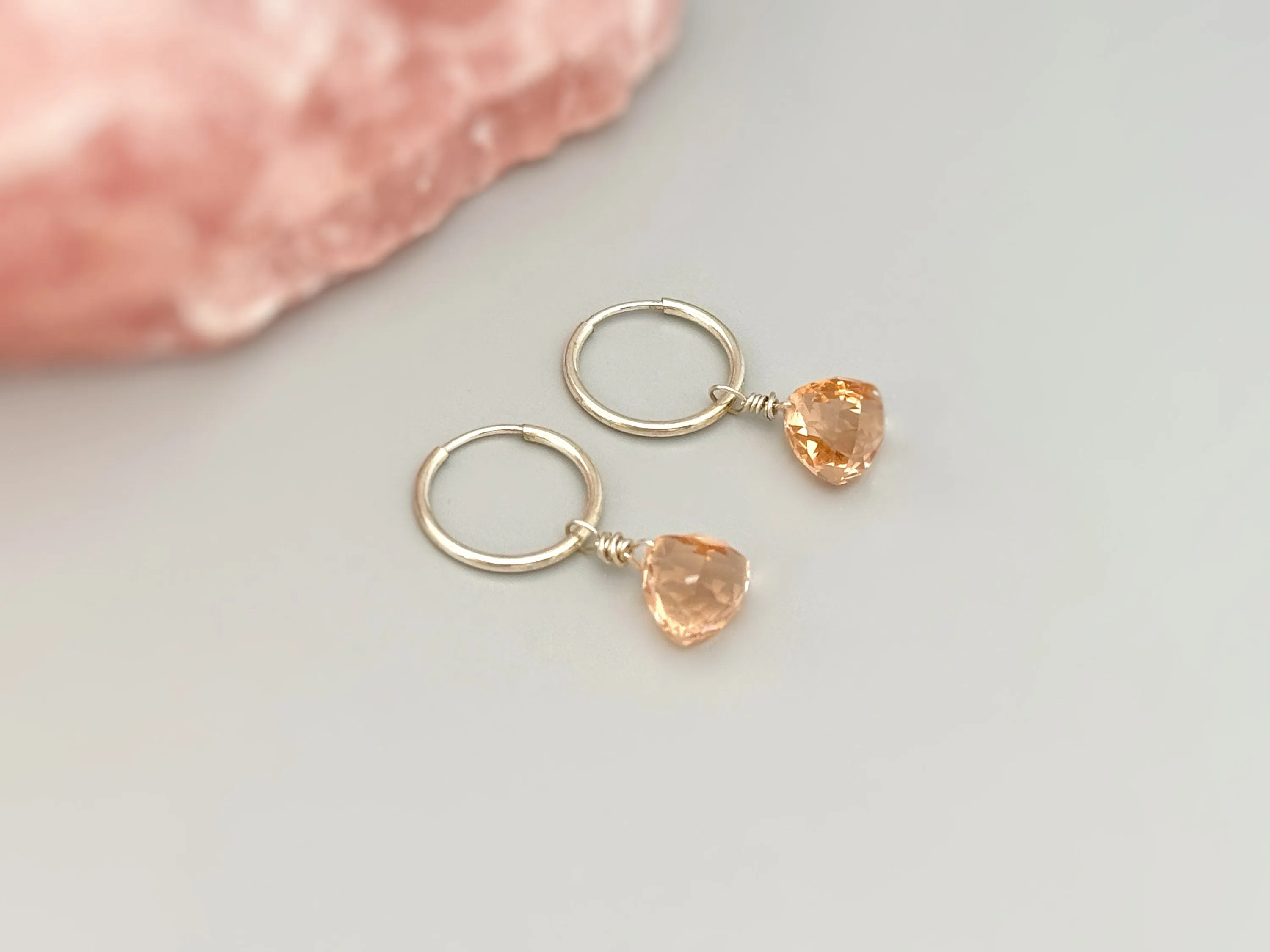 Morganite Hoop Earrings Dangle Sterling Silver, Rose Gold, 14k Gold Fill