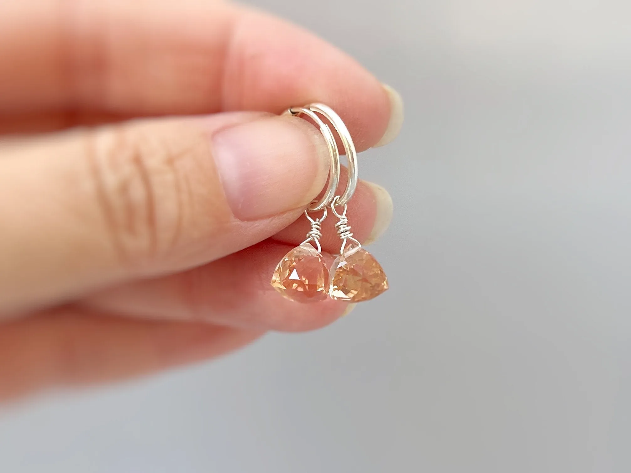 Morganite Hoop Earrings Dangle Sterling Silver, Rose Gold, 14k Gold Fill