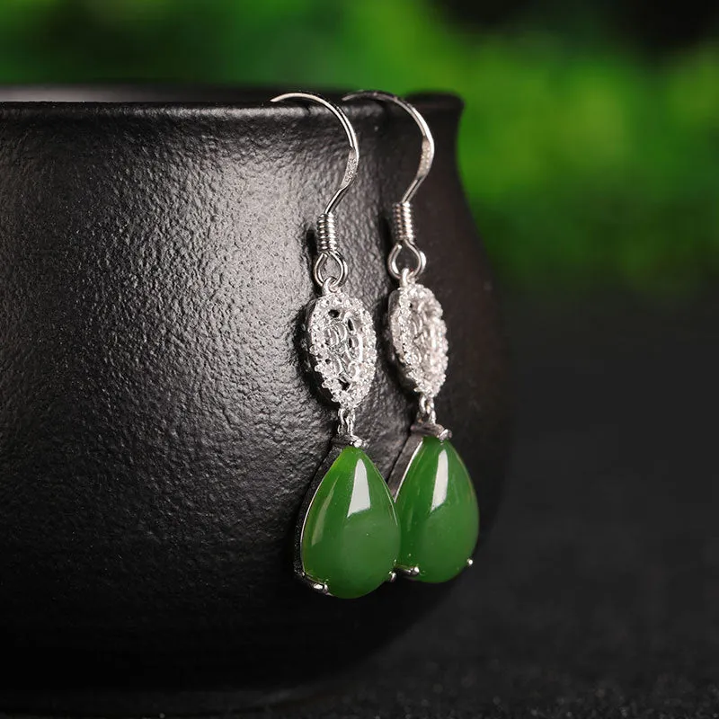 Natural Jade Earrings Nephrite Silver Zircon Earrings ZEG543