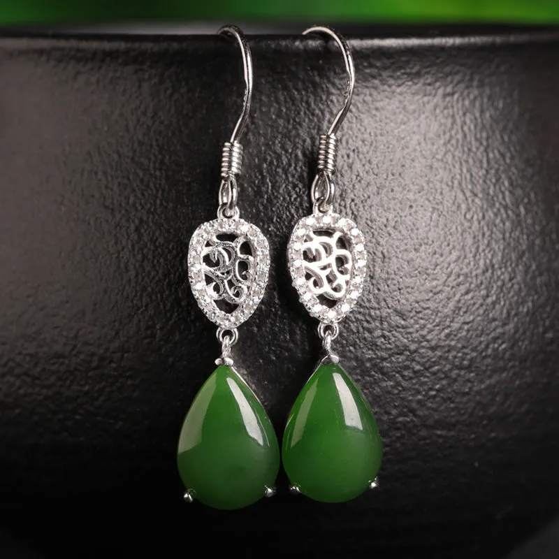 Natural Jade Earrings Nephrite Silver Zircon Earrings ZEG543