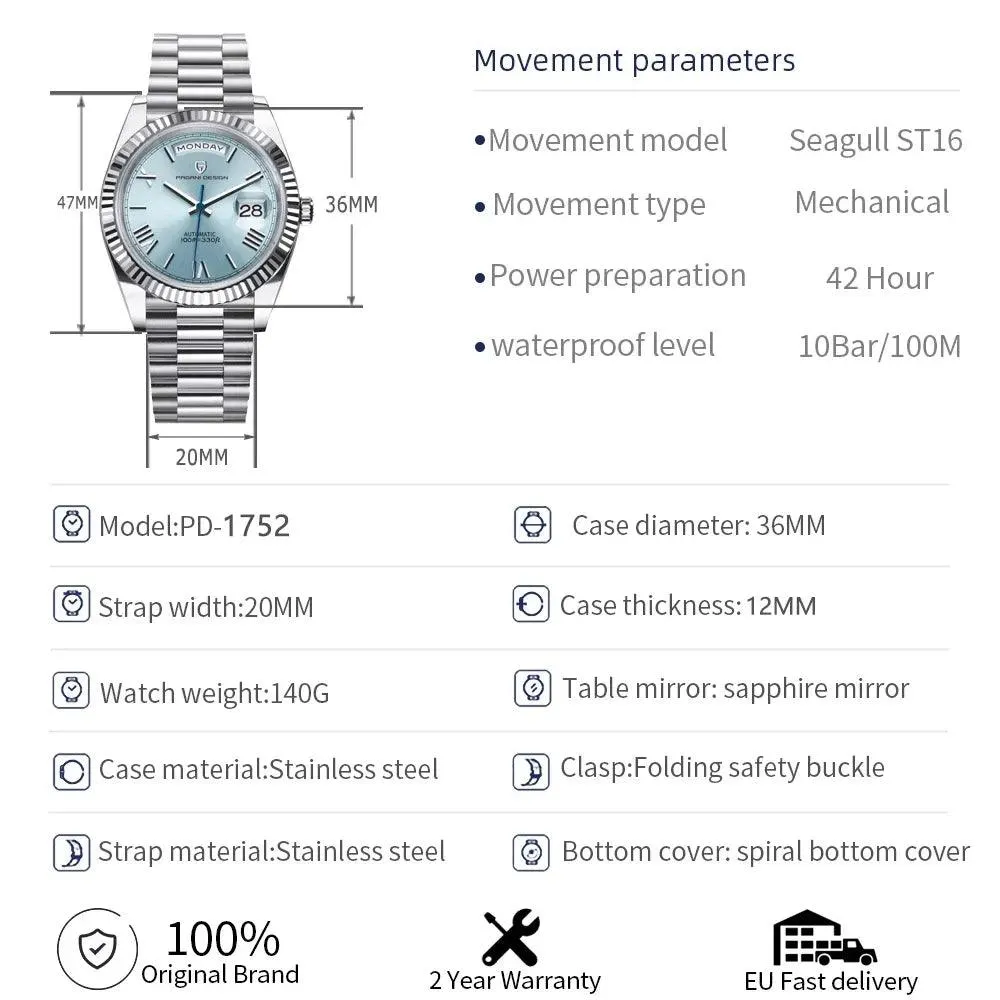 New Week Calendar Type watch for men Sapphire mirror 10ATM Automatic