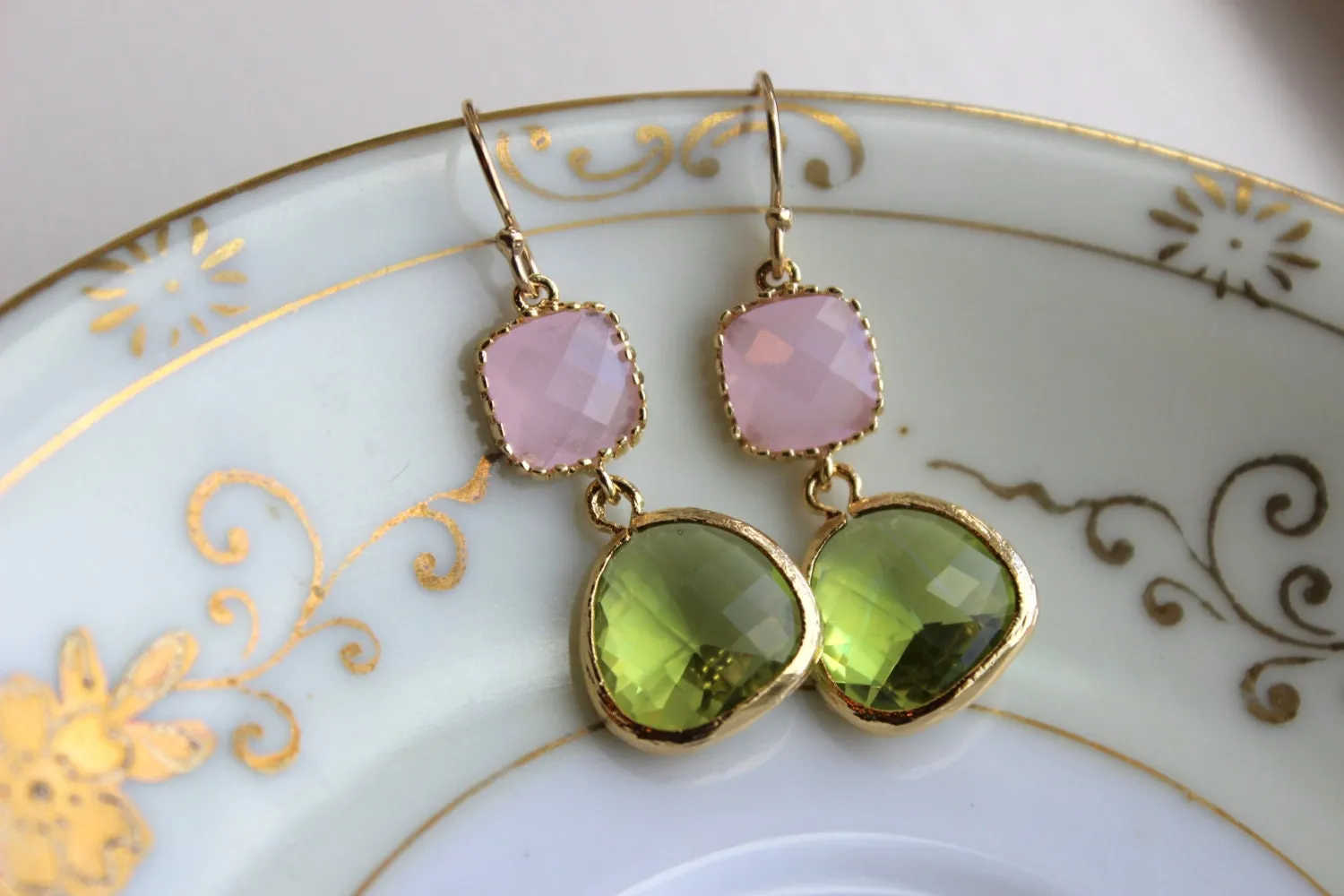 Peridot Earrings Green Pink Opal Gold Plated - Bridesmaid Earrings Wedding Apple Green Light Pink Bridesmaid Jewelry Gift - Gold Accessories