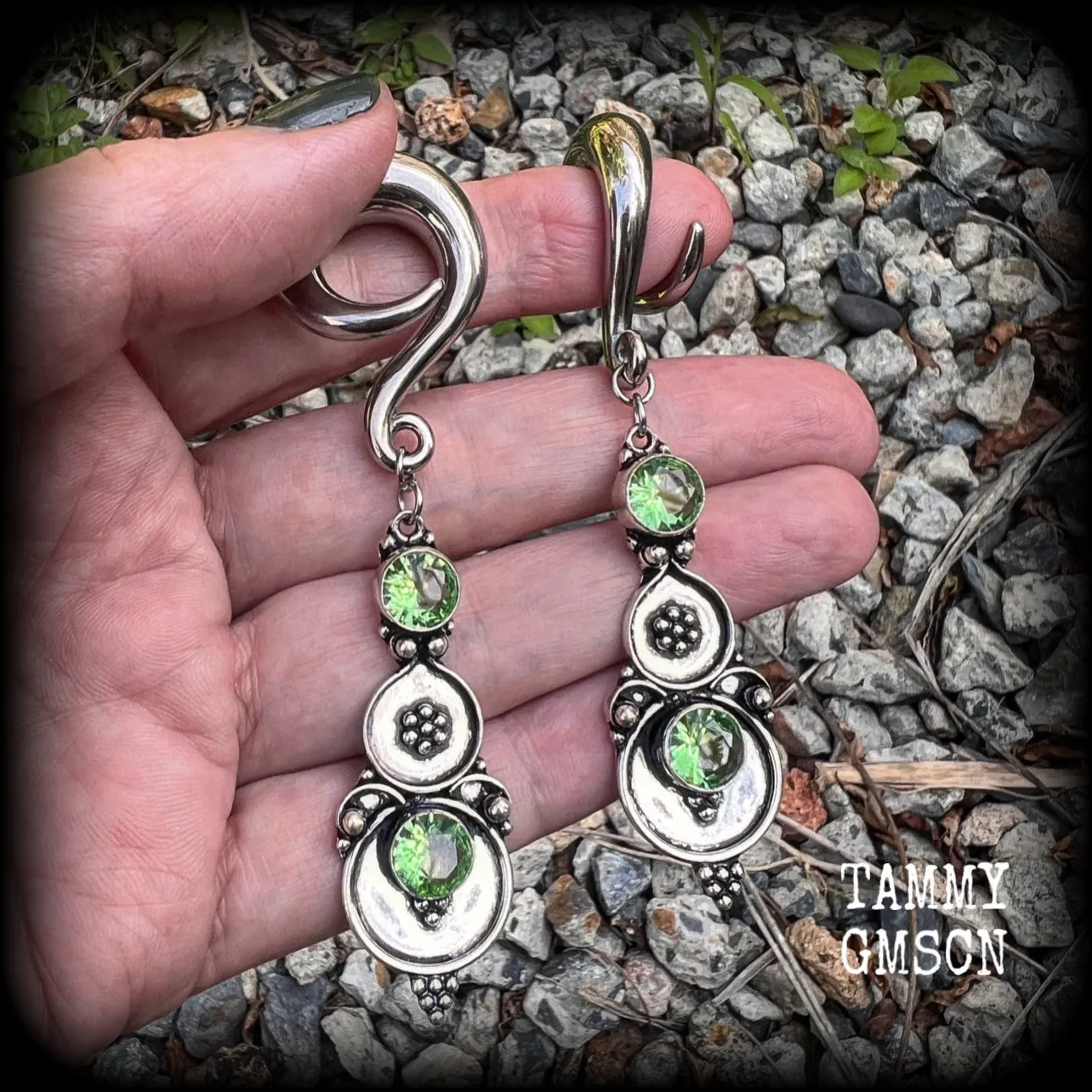 Peridot gauged earrings-Boho gemstone ear hangers