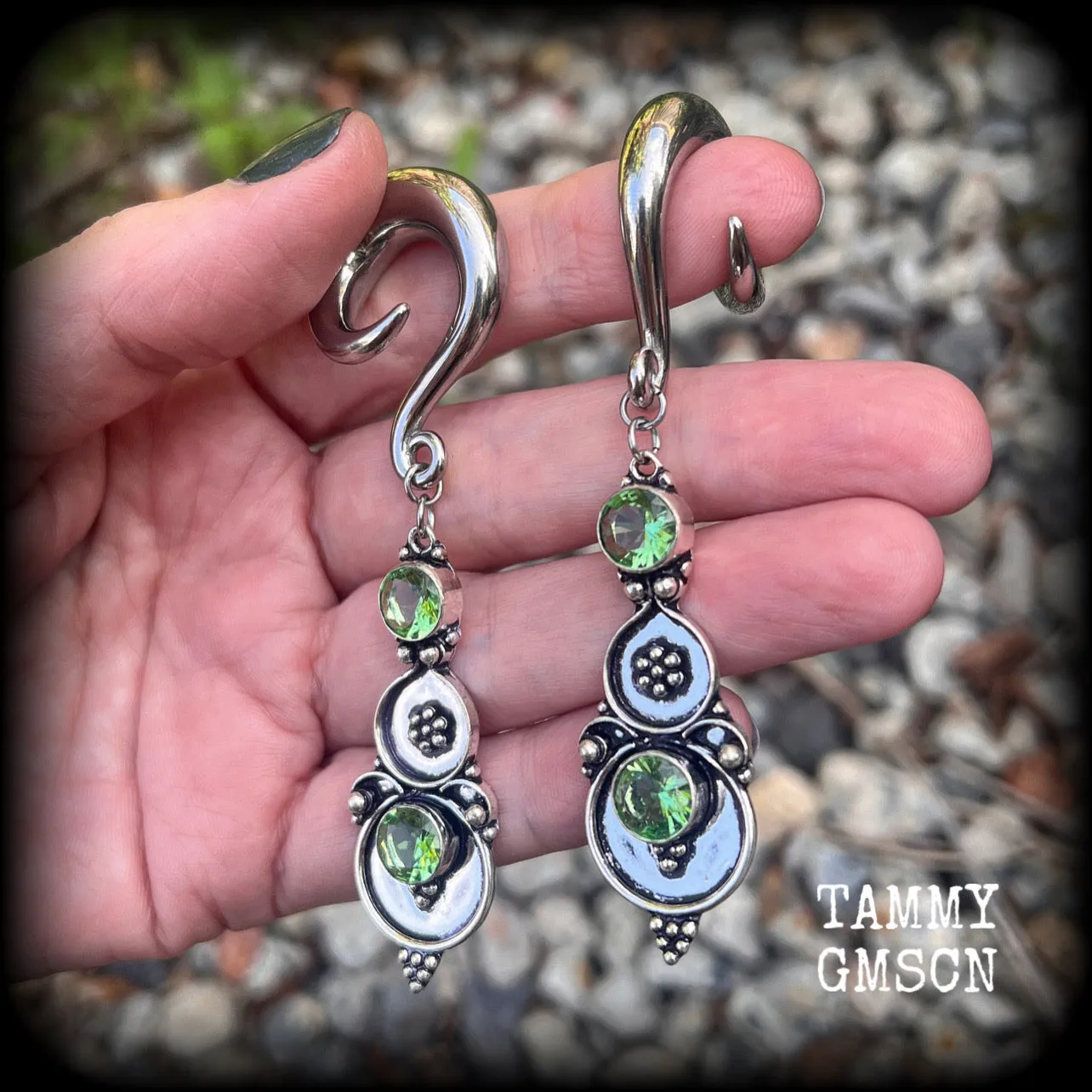 Peridot gauged earrings-Boho gemstone ear hangers