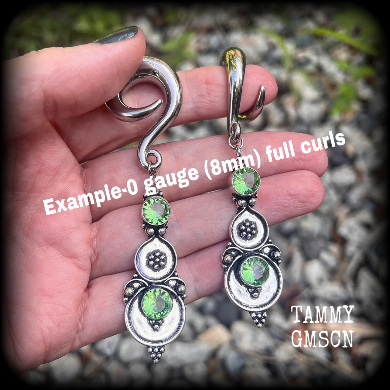 Peridot gauged earrings-Boho gemstone ear hangers