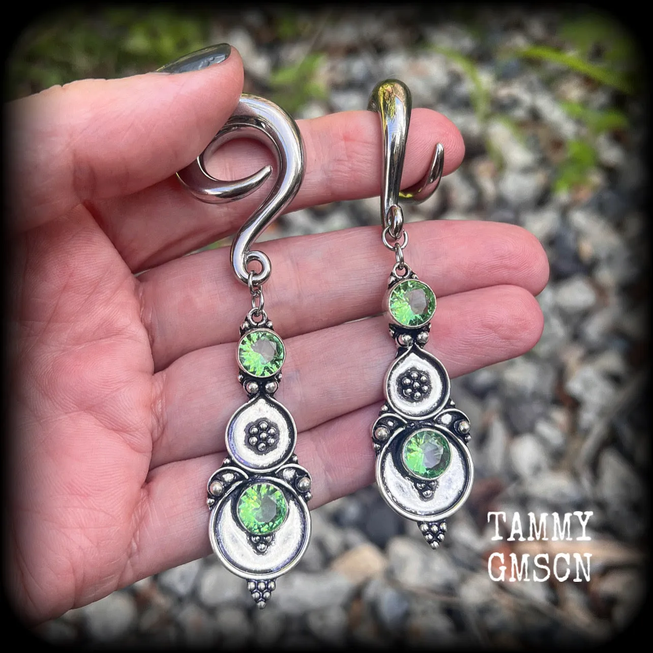 Peridot gauged earrings-Boho gemstone ear hangers