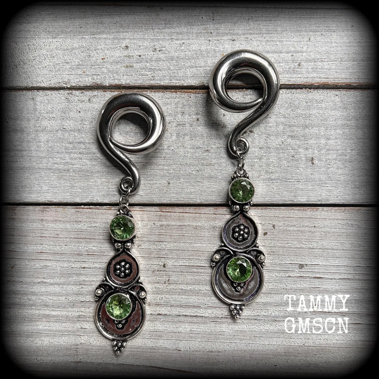 Peridot gauged earrings-Boho gemstone ear hangers