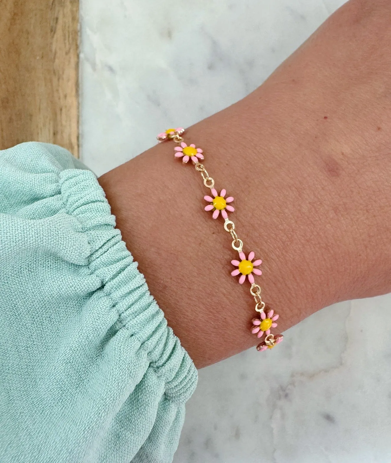 Pink Flower Bracelet, Kid Jewelry, Kid Bracelet, Child Bracelet, Flower Jewelry, Floral, Gift for Child Gold Dainty Bracelet, Summer Jewelry