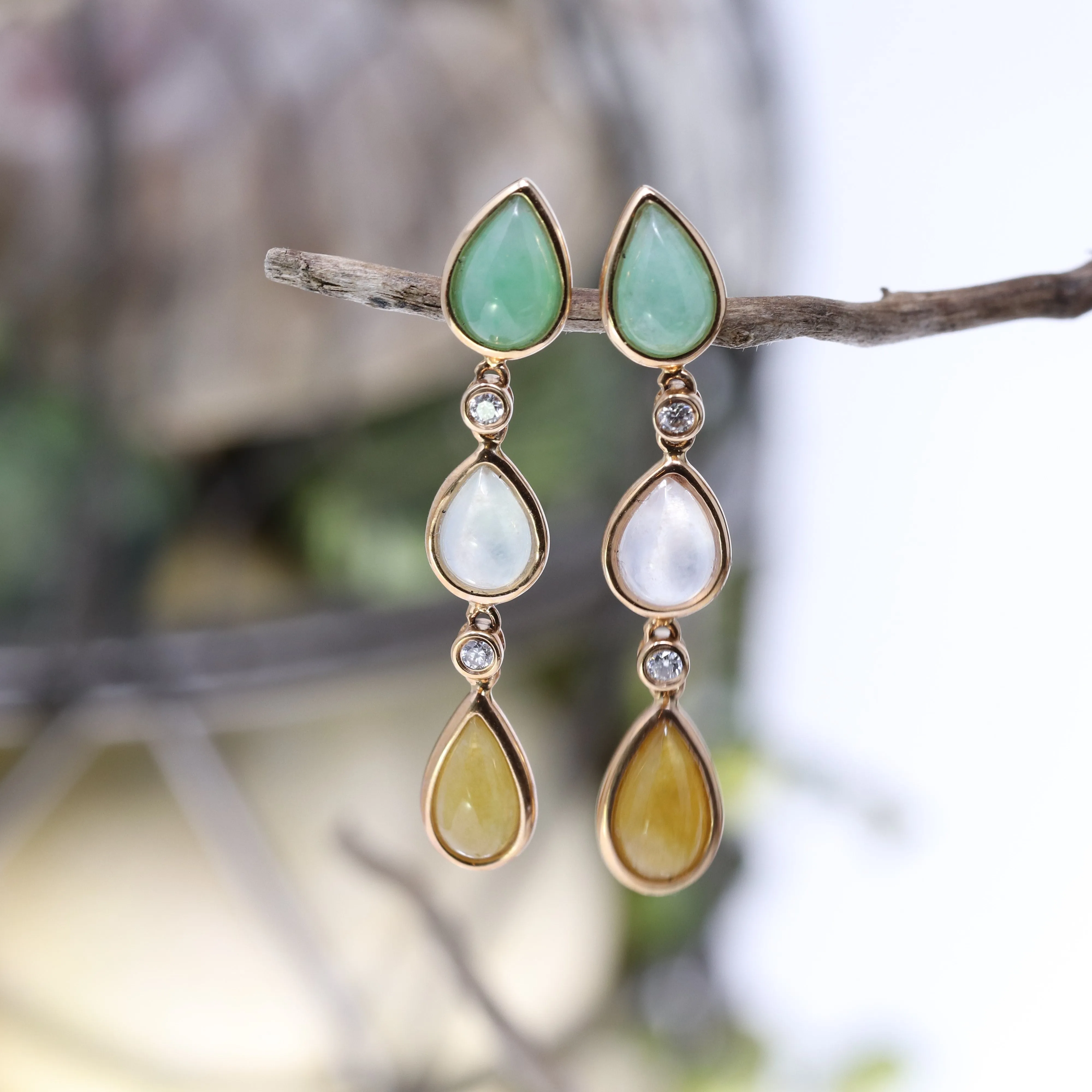 RealJade® "Lucky 3" 18K Royal Rose Gold Genuine Jade Jadeite Mutli Color Dangle Earrings