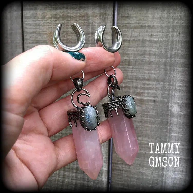 Rose quartz ear weights-Gemstone ear hangers