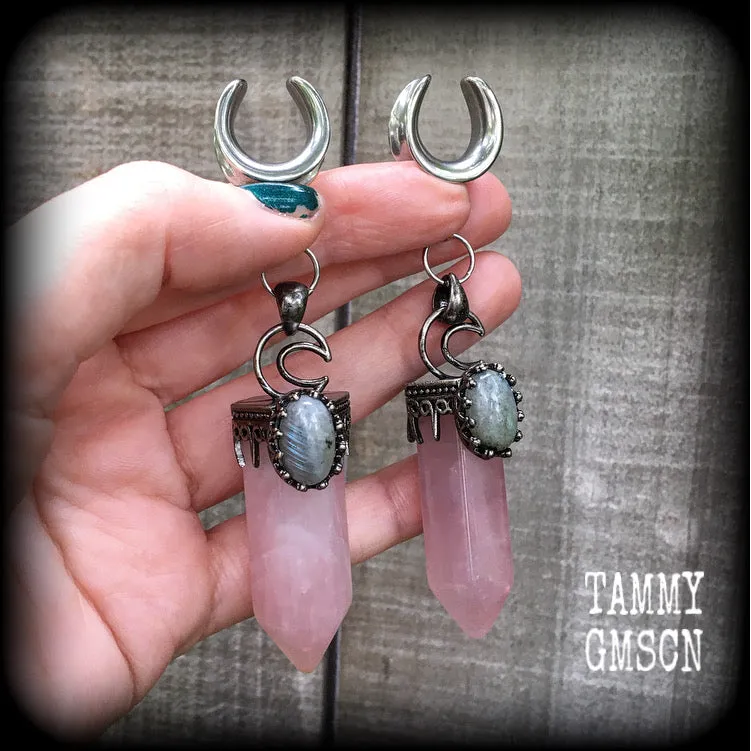 Rose quartz ear weights-Gemstone ear hangers