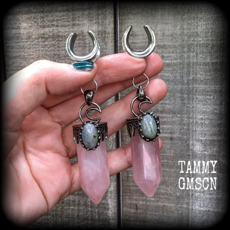 Rose quartz ear weights-Gemstone ear hangers