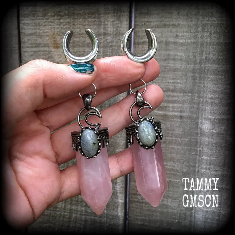 Rose quartz ear weights-Gemstone ear hangers