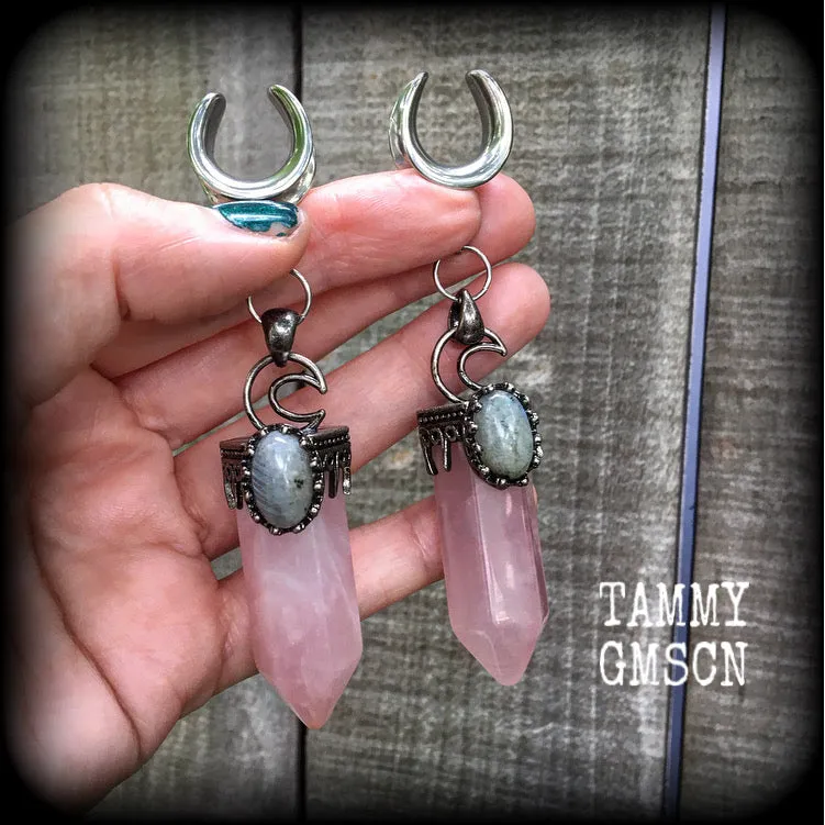 Rose quartz ear weights-Gemstone ear hangers