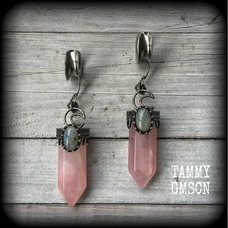 Rose quartz ear weights-Gemstone ear hangers