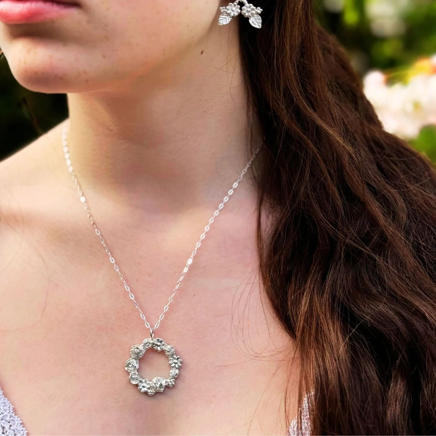 Rosy Posy Silver Flower Circle Necklace