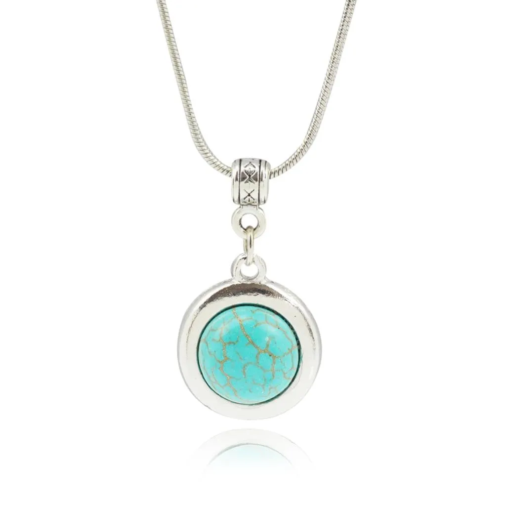 Round Tyle Necklaces & Pendants Vintage Silver Color Turquoise Pendant Necklace Women Choker Collares Summer Jewelry