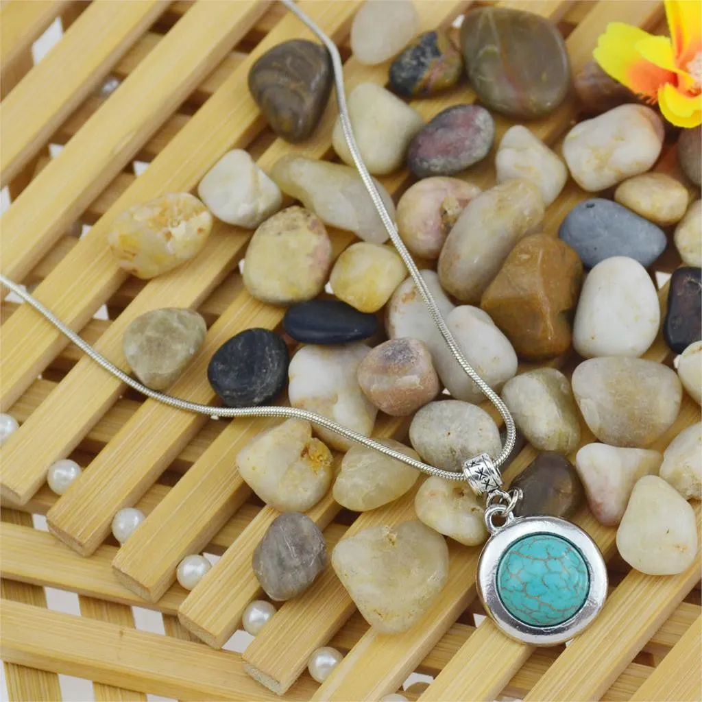 Round Tyle Necklaces & Pendants Vintage Silver Color Turquoise Pendant Necklace Women Choker Collares Summer Jewelry