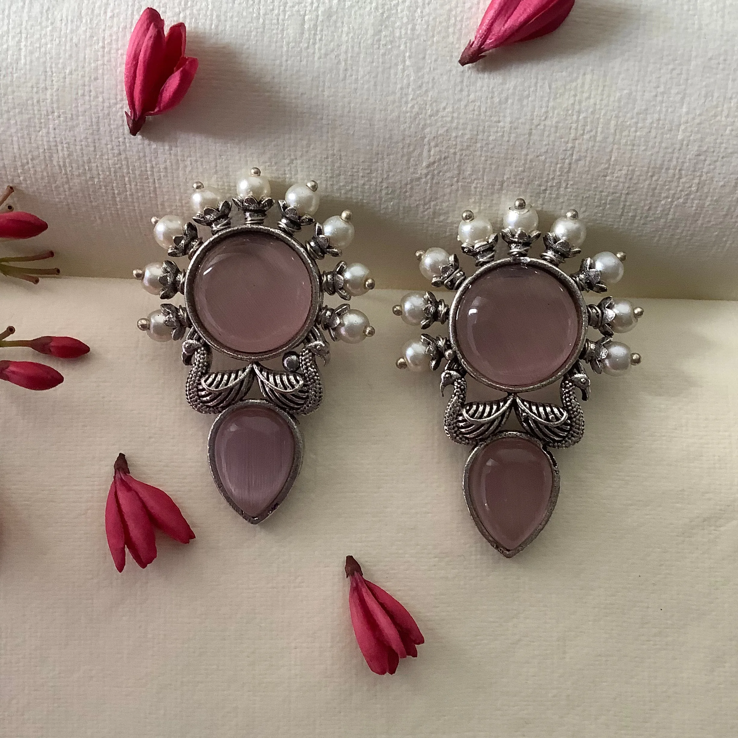 Salvanity German Silver Morpankh Earrings - Monalisa Pink