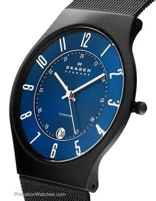 Skagen Mens Black Titanium Case and Adjustable Mesh Bracelet - Blue Dial - 37mm
