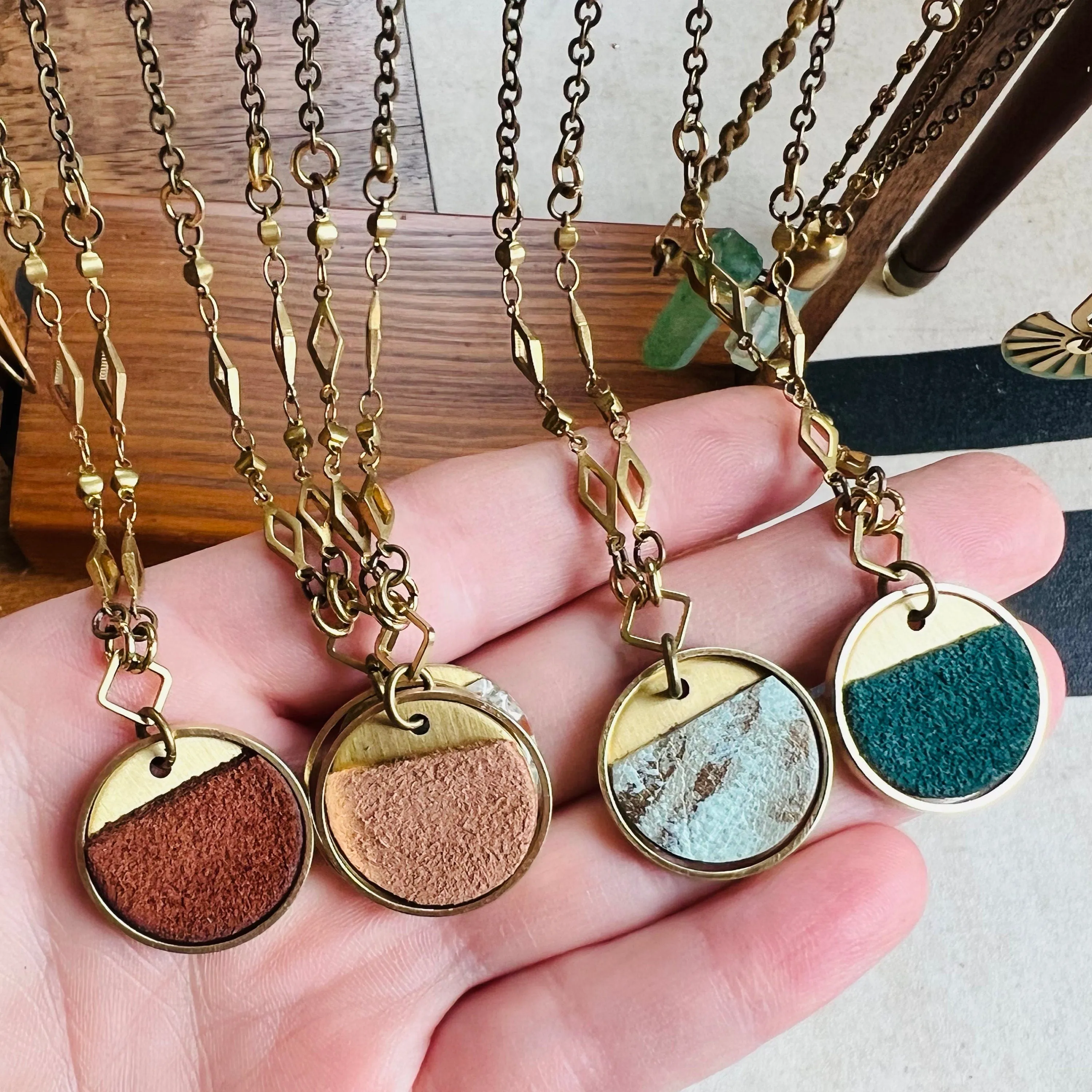 Small Brass and Leather Disk Pendant Necklace